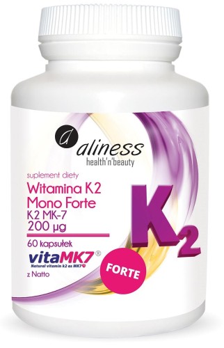 Witamina K2 Menachinon MonoFORTE MK-7 200 µg z Natto  Aliness 60 kaps.